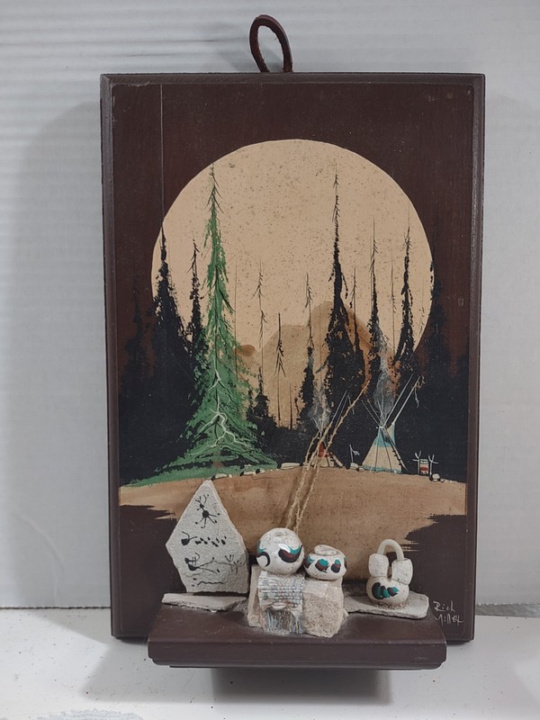 Vintage Wooden Rich Miller Arizona Scene 3D W/Stone, Pottery, Leather, Twigs VTG