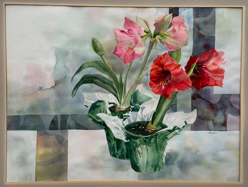 HEINZEN SIGNED ORIGINAL WATERCOLOR PAINTING RED HIBISCUS FLOWERS 2 FLORAL POTS