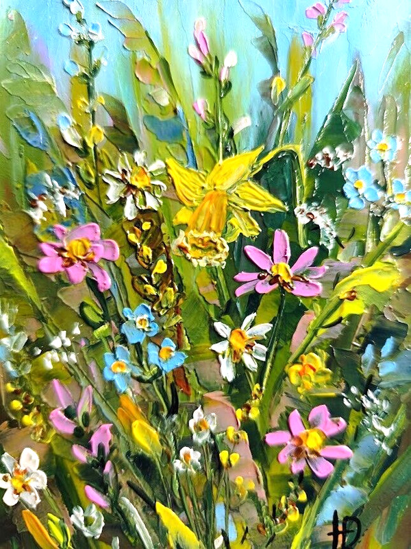 Original framed oil painting with signed flowers Spring colorful Impasto flowers gallery
