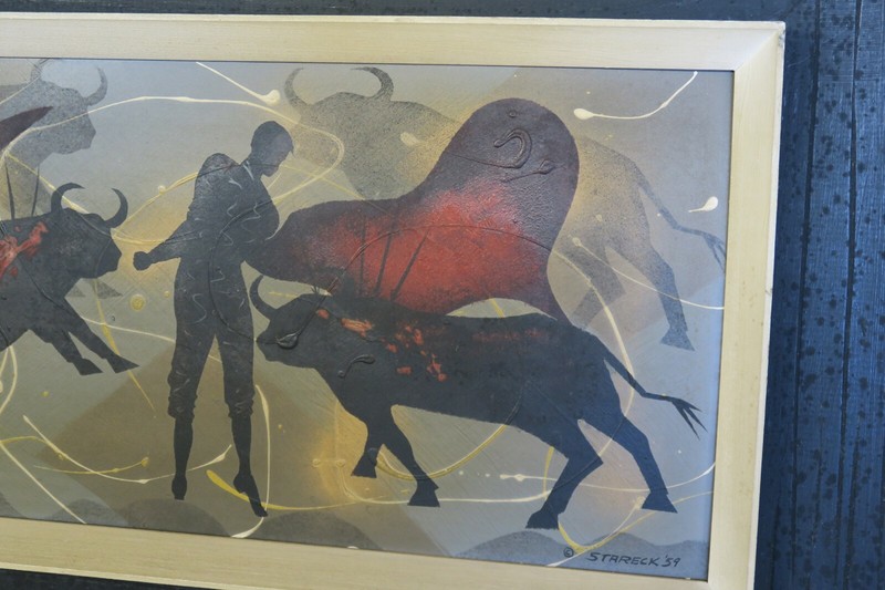 SIGNED EDGAR STARECK 1959 BULLFIGHT COWS OIL ON BOARD PAINTING 11.5" x 39.5" gallery