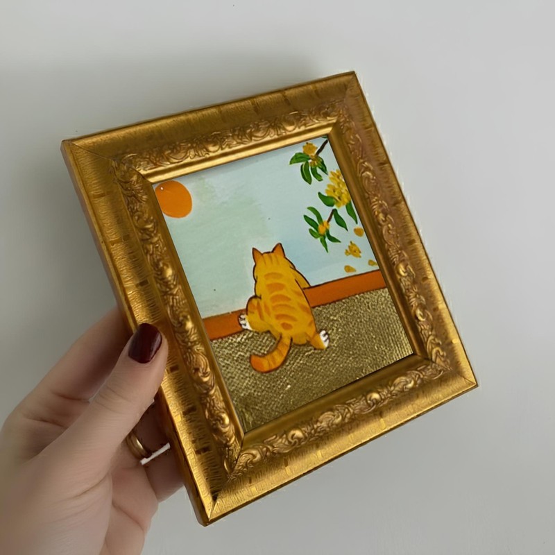 Funny Cat Oil Painting Original Artwork Small Framed Wall Decor gallery