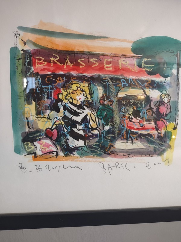Painting by Bahman Borojeni Framed Acrylic on Cardboard – Paris Cafe Scene 2007