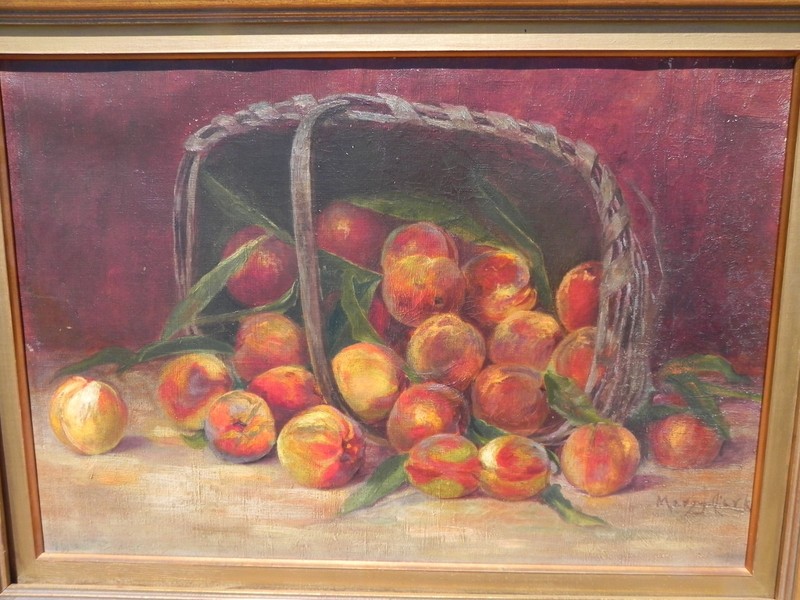 American antique still life painting summer peaches & basket by Mary Clark 1890s gallery