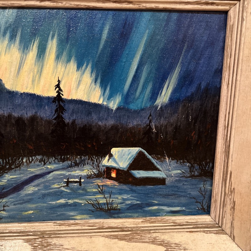 Original Oil Painting Northern Lights After Sydney Laurence Unsigned Mid-Century gallery