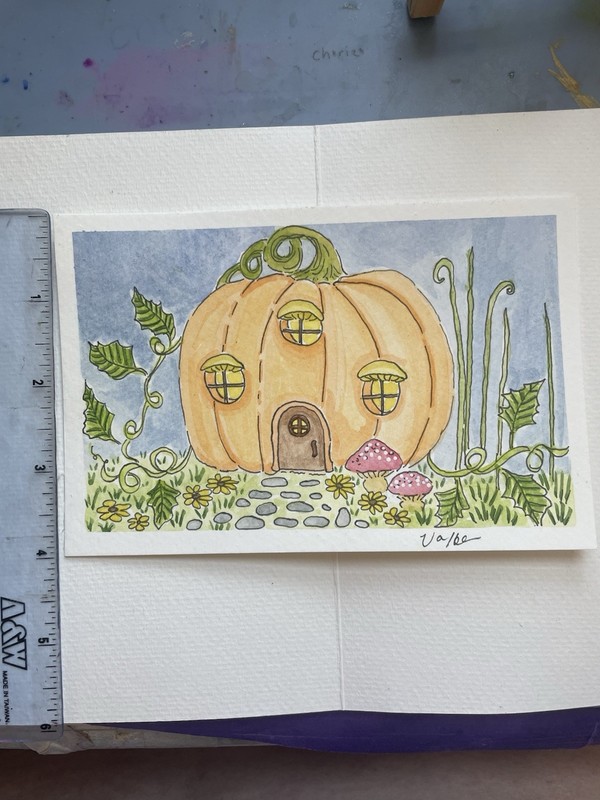 OOAK Pumpkin Cottage House Floral Garden Watercolor Painting Signed Unframed gallery