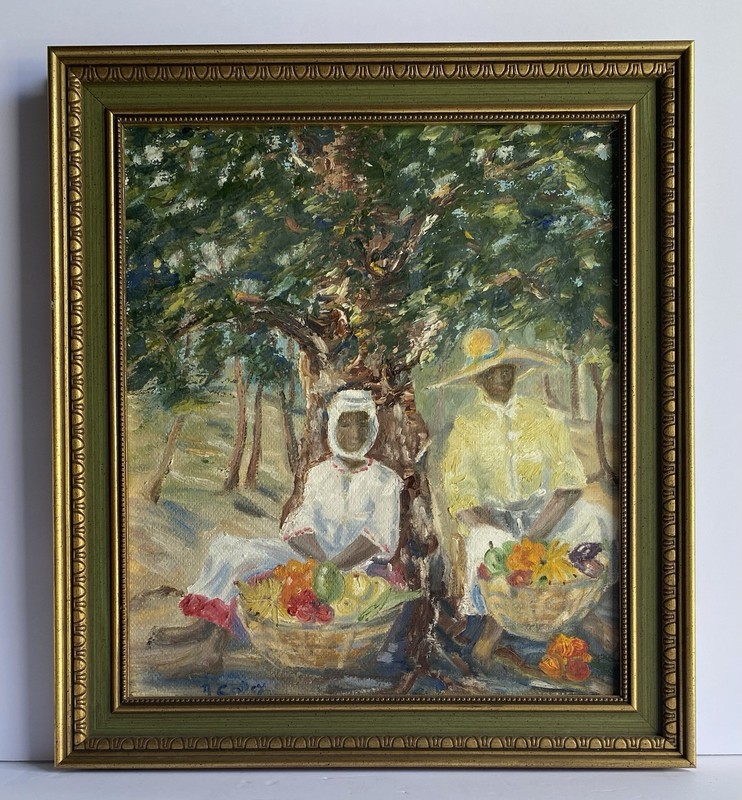 Vintage 1960s Barbados W. I. Island Businesswomen Painting by N. Calley Signed