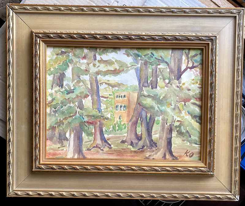 Aquarell Monogram K.0 House Garden Trees Frame Painting Antique Park Nature