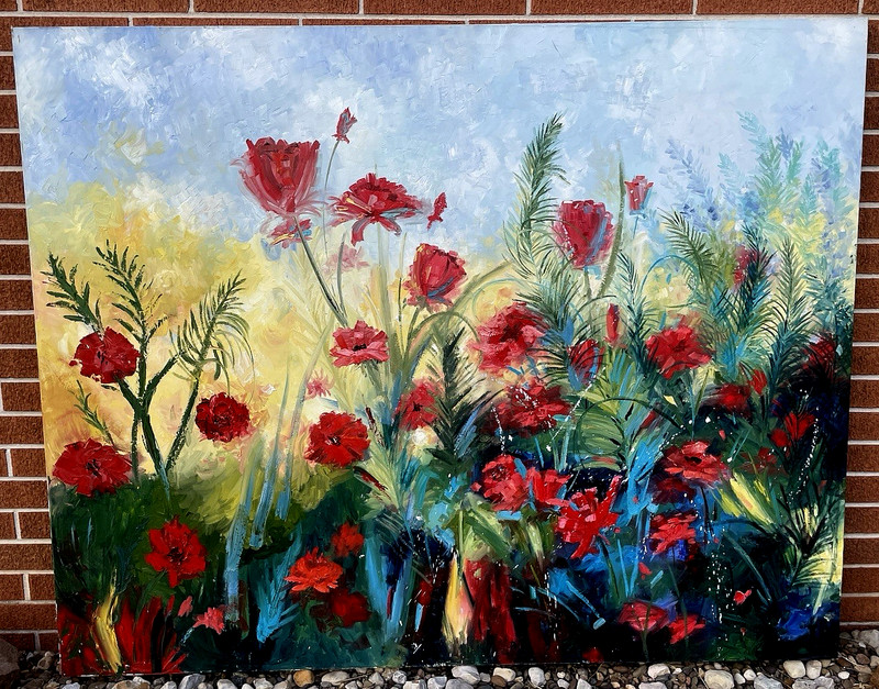Huge Beautiful Kimberly Erb Red Poppies Oil On Canvas Painting 60” x 48”