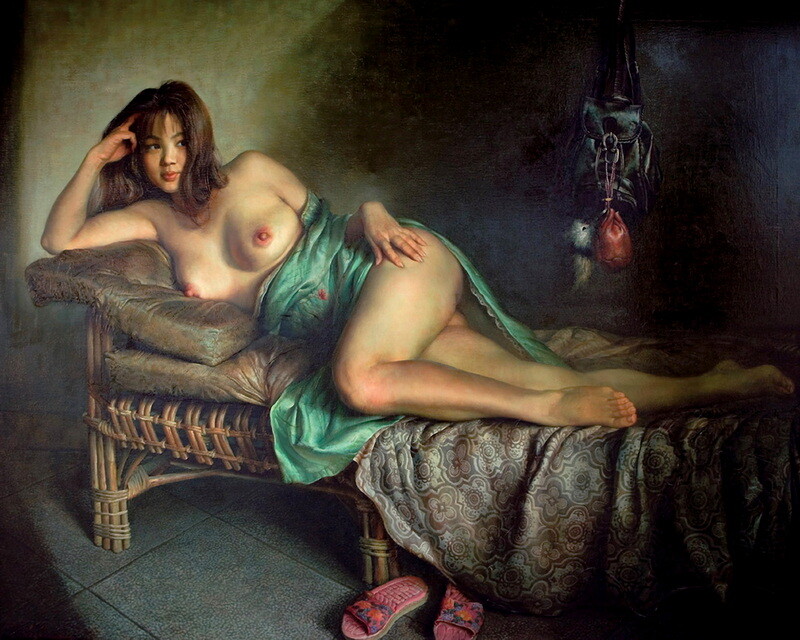 Chinese Girl on the Bed Nudes Oil painting Giclee Printed on Canvas P905