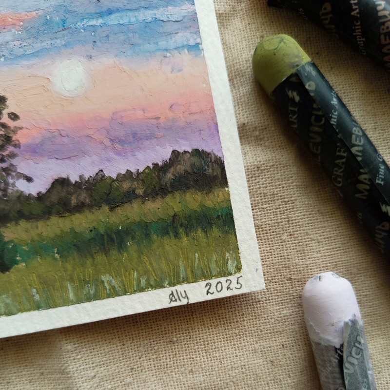 Original ACEO Sunset Valley Oil Pastel Impressionist Evening Mini Painting gallery