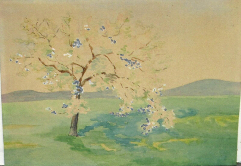 LONE TREE OLD ORIGINAL WATERCOLOR LANDSCAPE PAINTING CALLIGRAPHY ON BACK 1909