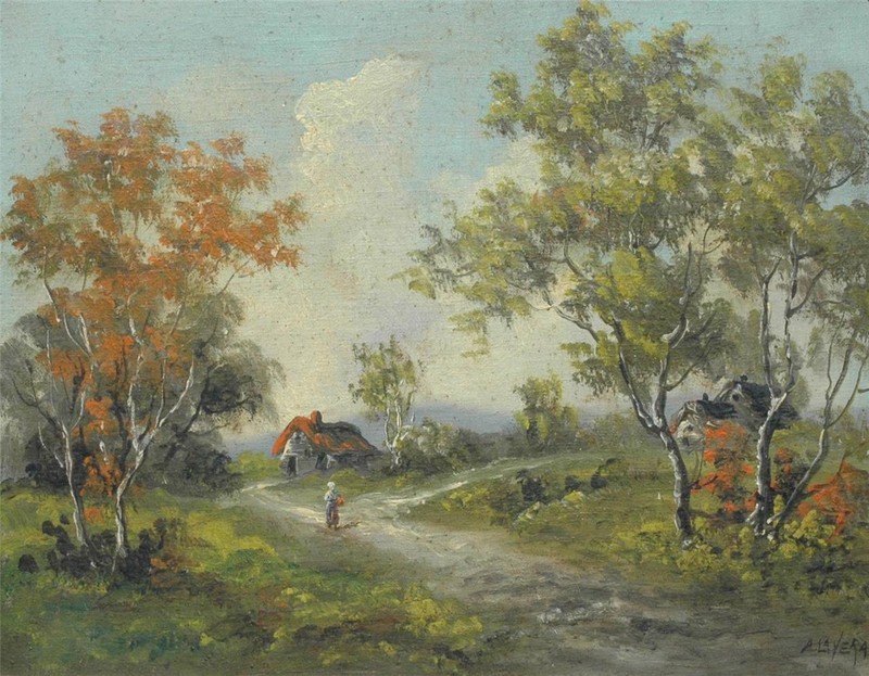 Beautiful Vintage Oil On Canvas European Landscape With Figure Att Lavera A Pohl