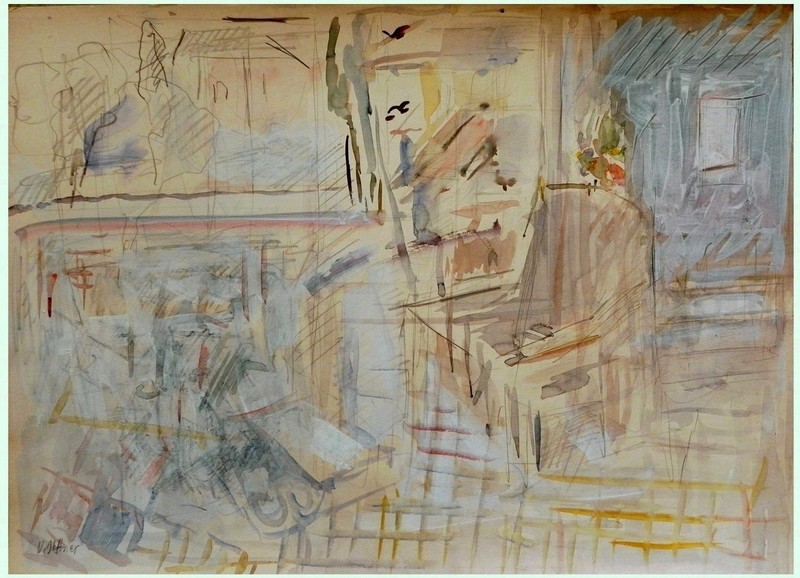 Uri Stettner: Still Life in Interior / Israeli Jewish French Modern Watercolor