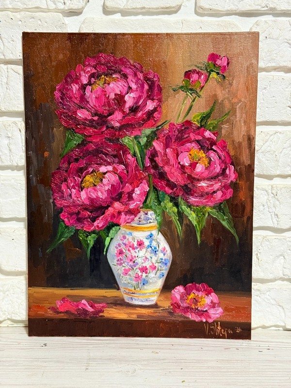 Original Oil Painting Pink Peonies Flowers Still life Vintage Vase Art 12x16 in gallery