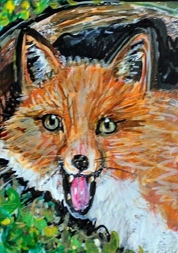 ORIGINAL ACEO Red FOX Painting Spring Summer Animal Nature Landscape ATC ART