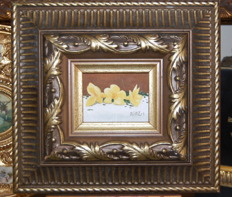 FRAMED SMALL ORIGINAL OIL YELLOW BELL TRUMPET FLOWERS COLOMBIA ARTIST: VERAZ