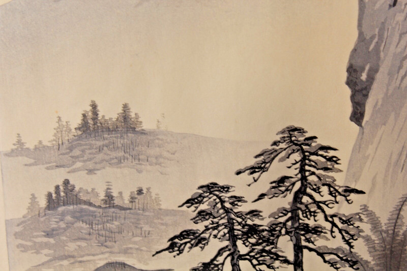 Chinese Drawing Village Mountains Water Boat Trees Signed Red Stamps Framed gallery