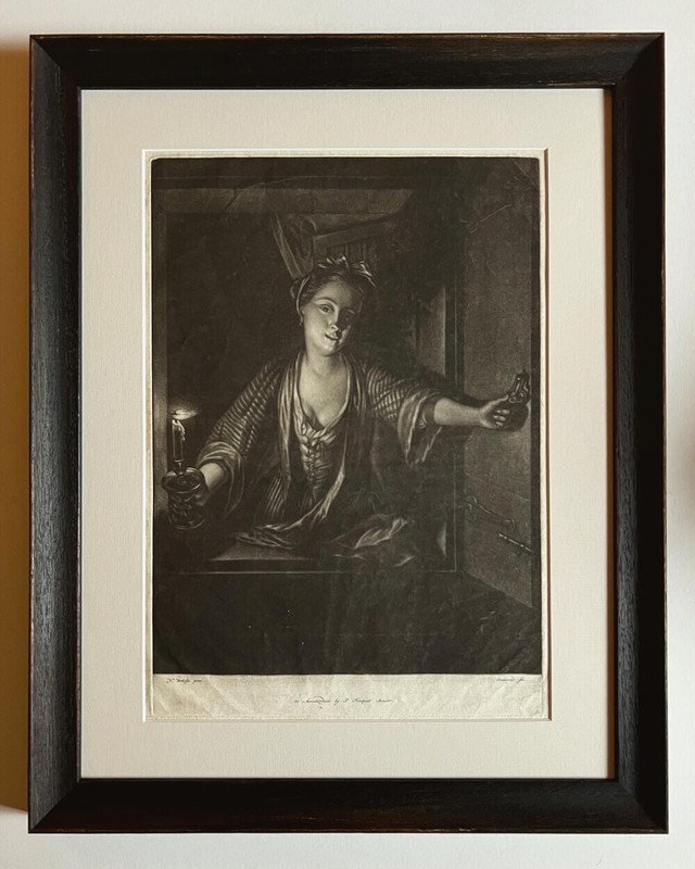 Girl with a Candle, Dutch Old Master Mezzotint in custom frame, c. 1761
