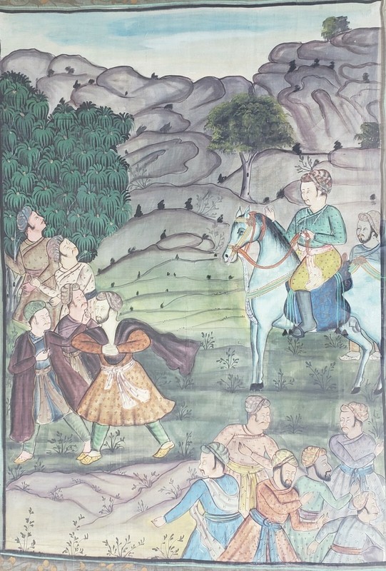 Original Mid century Traditional Indian Sikh Hindu Folk Art Large Silk Painting