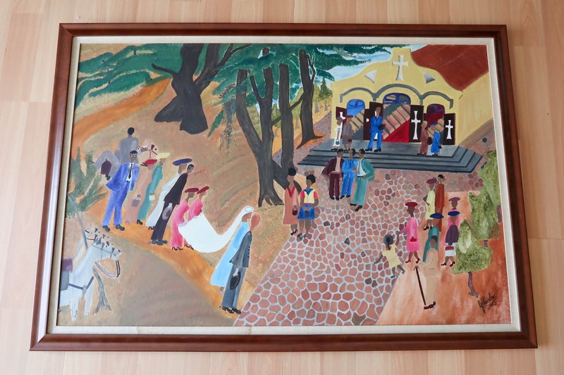 Vintage Haitian Primitive Large Oil Painting on the Board Signed by Artist