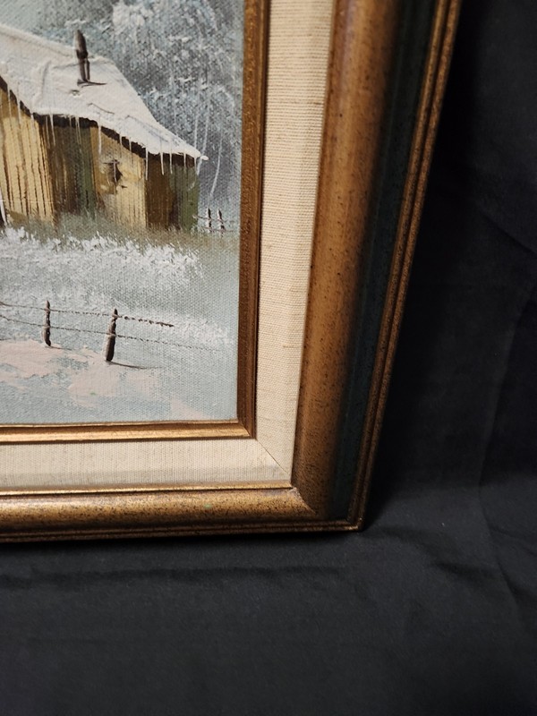 Vintage Cabin In Winter Landscape Painting Signed Roland Wood Frame Blue Accent gallery