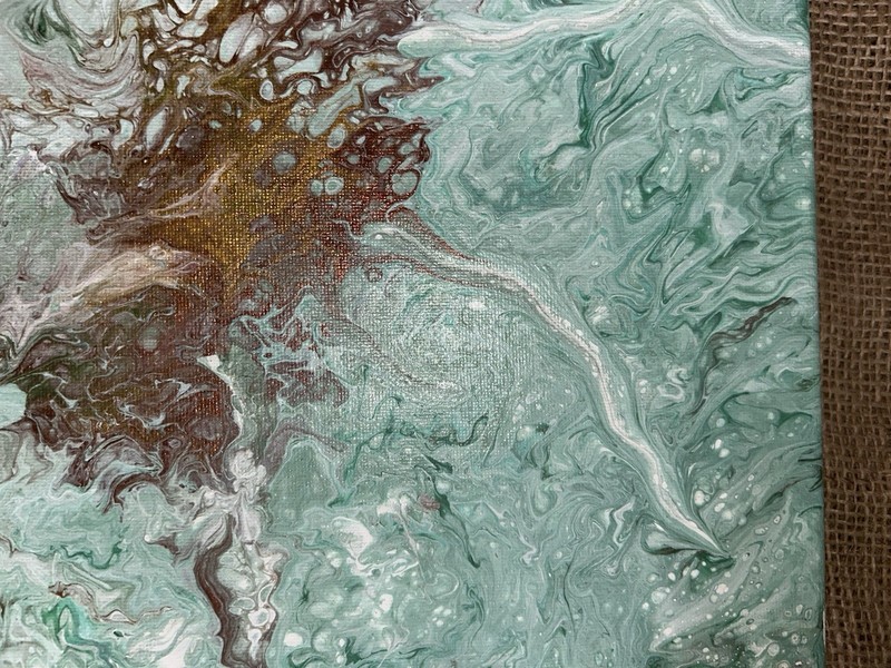 Modern Acrylic Marbleized Freeform Green White Copper Metallic Canvas 9”x12” gallery
