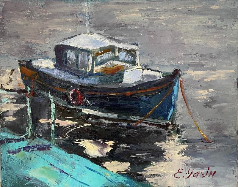 Boat oil painting Seascape Original art Fisherman gift Hand painted Canvas