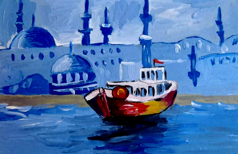 Turkish Original Painting 6in×9in İstanbul Art Islamic Boat Seascape Art Signed