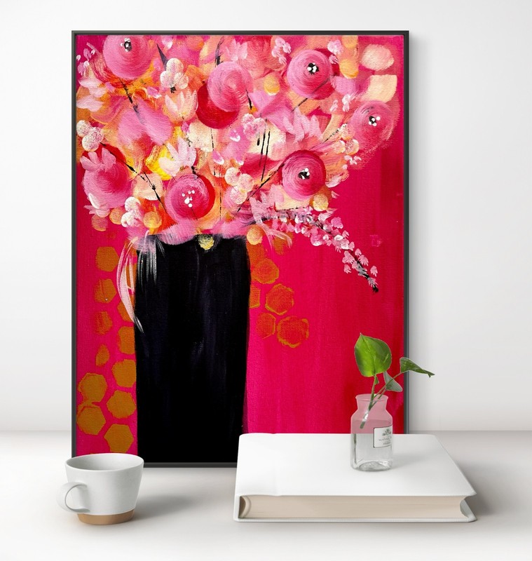 Mary Myers Original Abstract Expressionism 11x14 Pink Floral Bouquet Signed Fine gallery