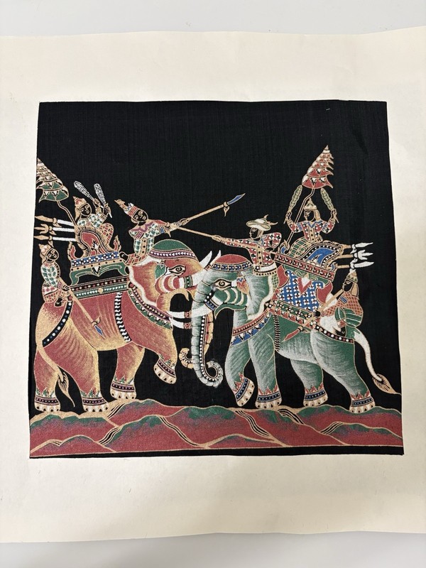 Vintage 1960’s Thai Silk Screen Painting Historical Elepant Battle Scene