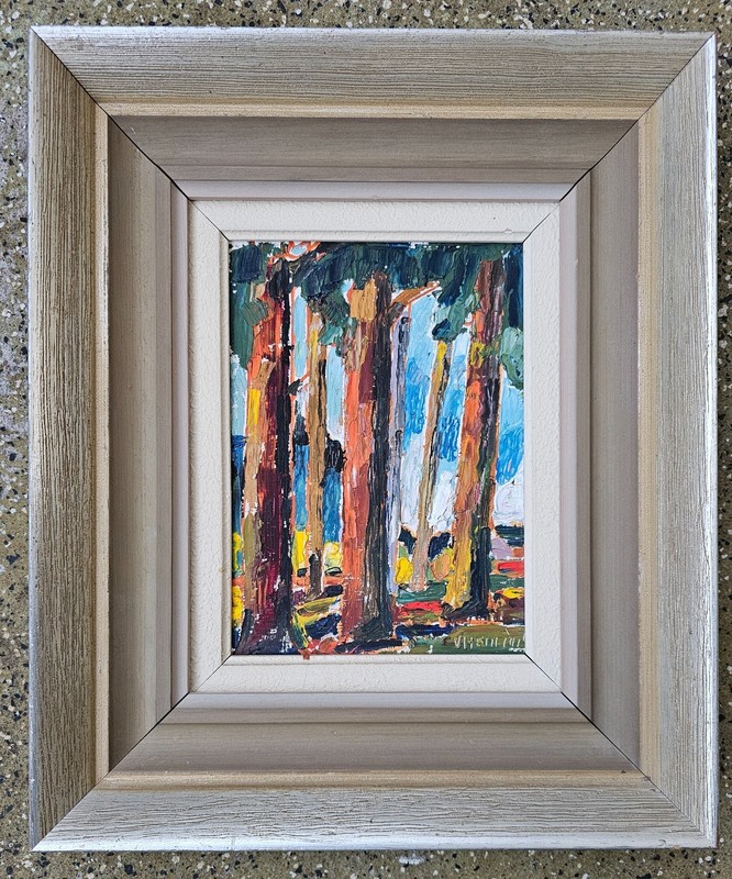 SKANDINAVIAN MODERNISM OIL ON PANEL FOREST INTERIOR. WILHELM HENNING. SIGNED