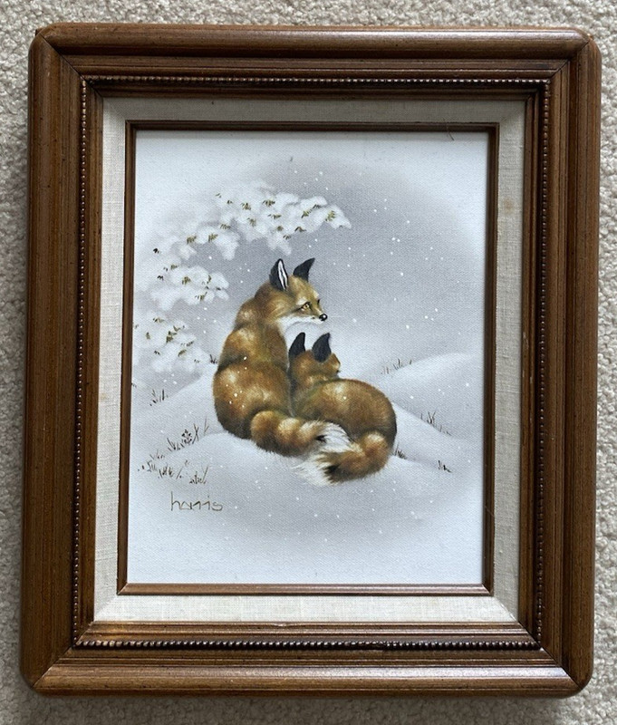 Vintage Peggy Harris Winter Scene Snowy Fox Foxes Signed Oil Painting 12×14 COA