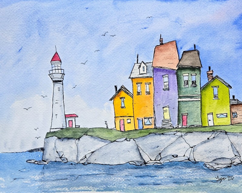 8×10 watercolor painting original landscape seaside village colorful