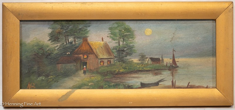 Antique Virginia Oil Painting Riverside Cottage Full Moon Signed «MB» 6.25×13.75