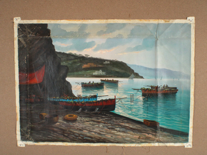 Antique Seascape With Boats And Mountains Scene Oil Painting Singed G. Levre