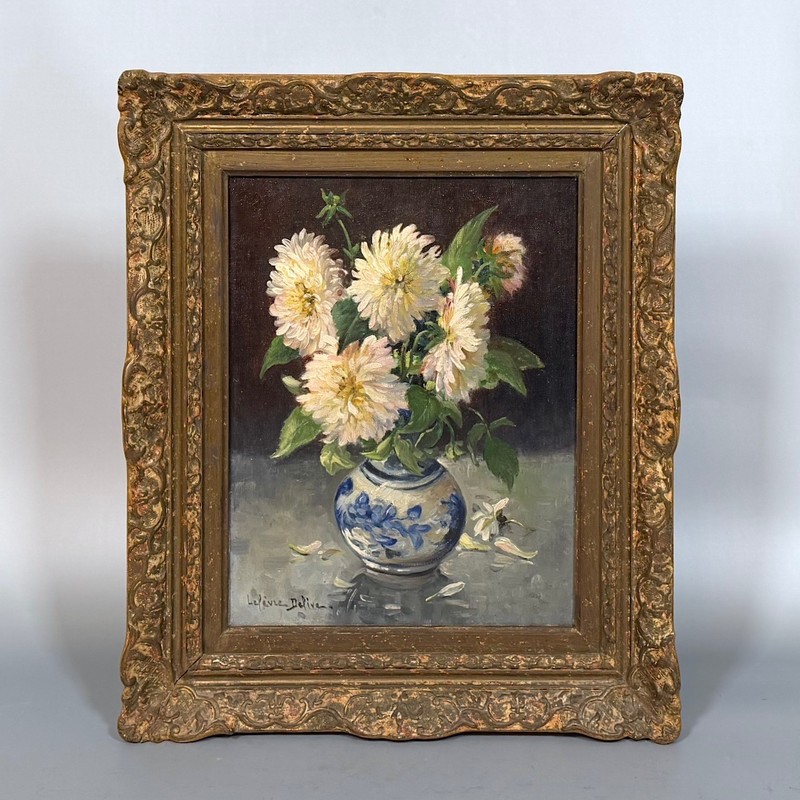 Mariette Lefèvre-Defive Vintage French Oil Painting Bouquet Flower Dahlia Signed gallery