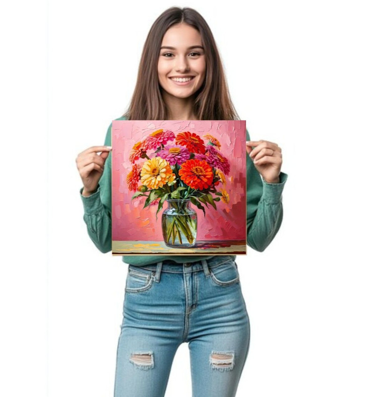 ORIGINAL Oil PAINTING on Canvas Zinnia Textured Art 12x12 in Custom Order gallery