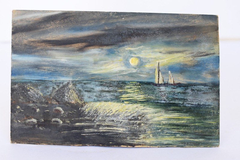 Antique Painting Water Color Sailboat Storm At Sea Hand Painted Evening Sunlight gallery
