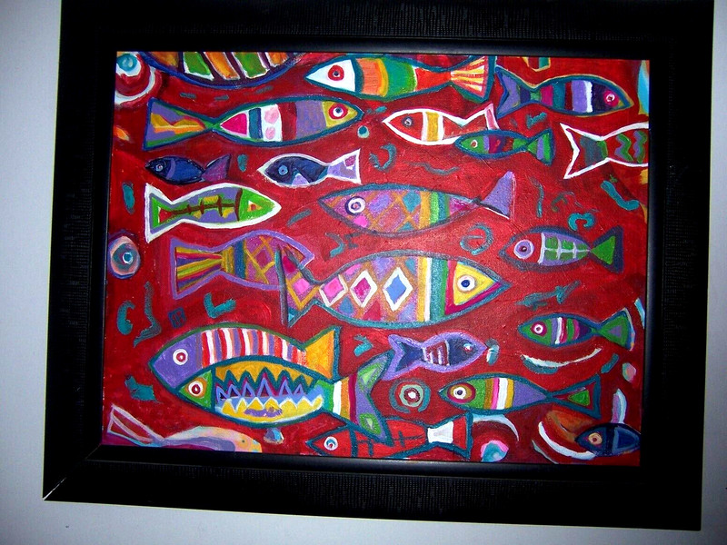 original outsider painting» fish in red seas» original modern work