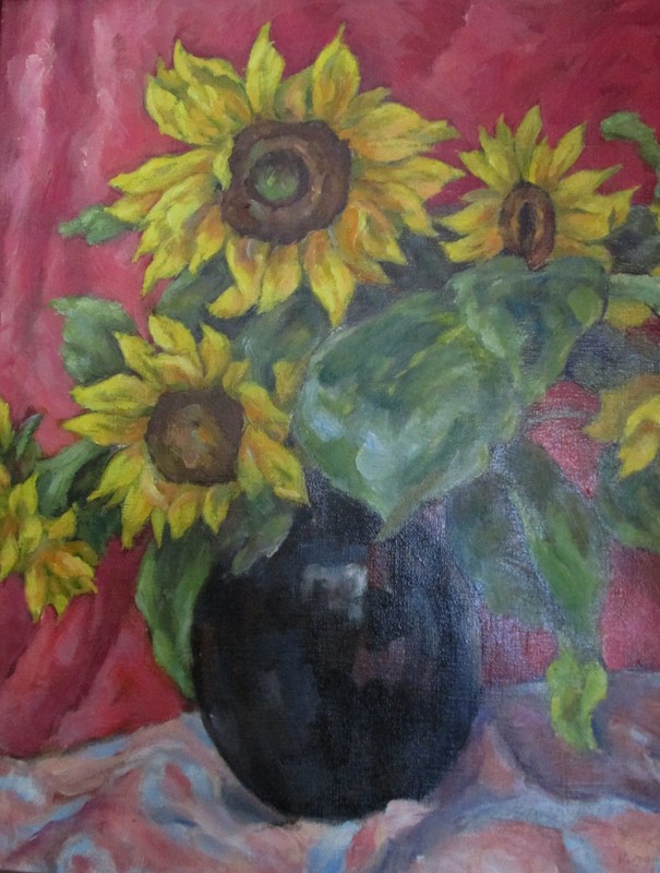 Vintage AAFA Oil on Canvas Artist Signed P Maher 69 Large Sunflowers Still Life