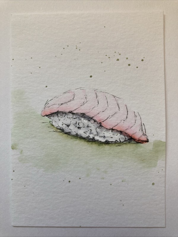 ACEO Original Watercolor Painting ATC OOAK Sushi Nigiri Tai Red Snapper