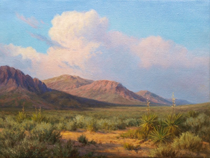 Desert landscape oil painting evening sunset thunderhead clouds yucca Hagerman