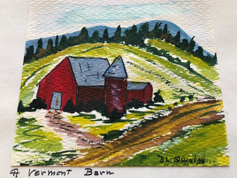 Vtg Folk Art Red Vermont Barn Miniature Acrylic Painting by D.L. Quigley 4″x4″
