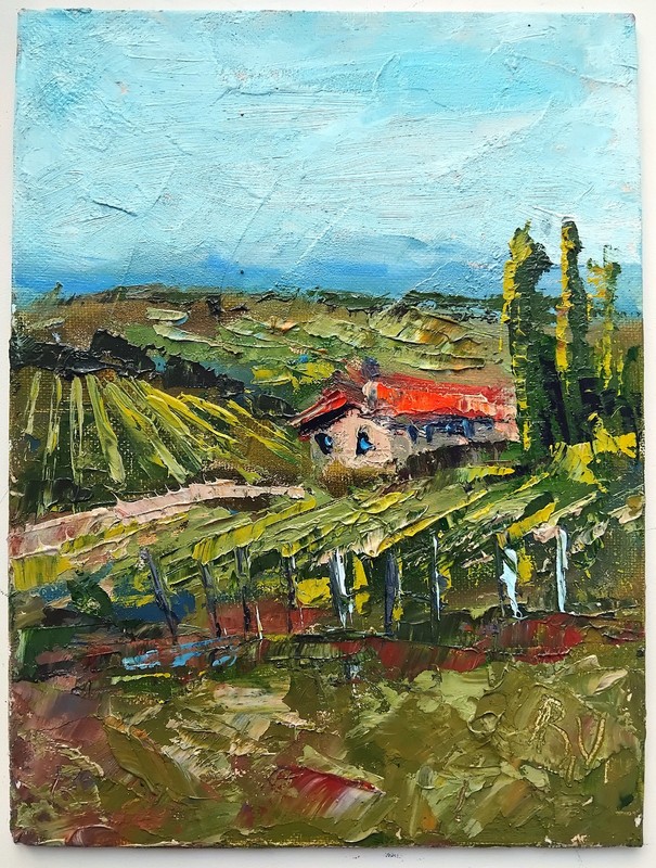 Italian Countryside Landscape painting, Tuscany Vineyard Oil on Canvas Original