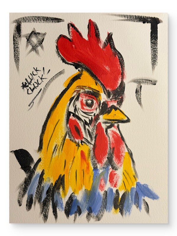 Original Abstract Painting on Paper 9×12 Expressionist Art Color Rooster Study