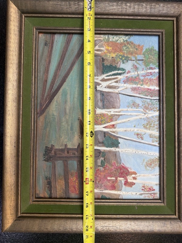 Vintage Autumn Landscape Oil Painting Birch Trees Rustic Lodge Decor Green gallery