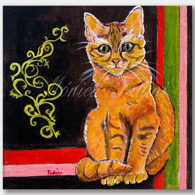 Orange cat kitty design original painting on canvas by Fallini 8″ x 8″