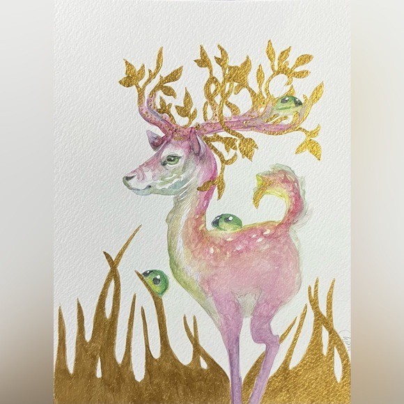 Original Deer painting Art gold accents Antlers Mystical Whimsical Artwork USA
