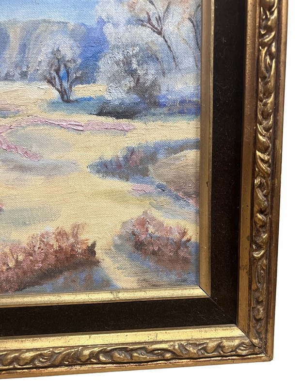 Vtg Blue Skies Mountain Landscape Signed Gold Gilt Velvet Framed Painting Signed gallery