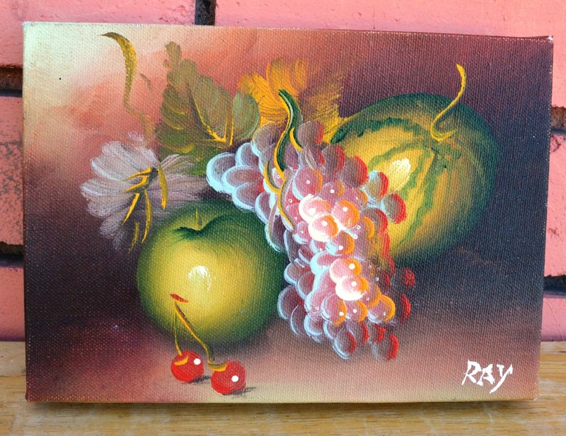 GRAPE CHERRY ORANGE MELON FRUIT 7″ OIL PAINTING HAND PAINTED DECOR ART GIFT 070